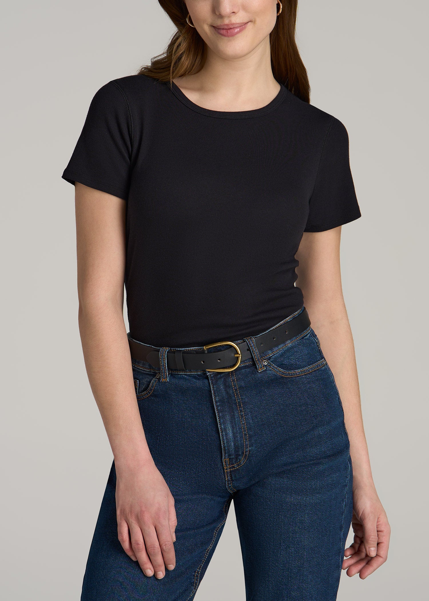 American-Tall-Women-Short-Sleeve-Crew-Neck-Ribbed-Tee-Black-front