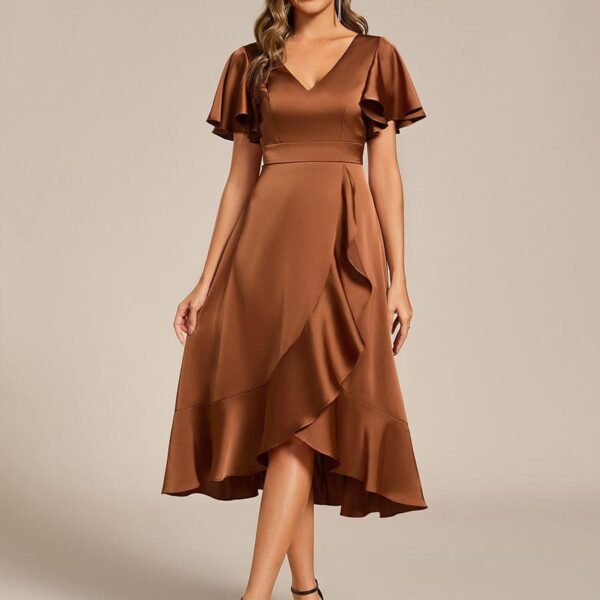 V-Neck Satin Midi Wedding Guest Dress with Ruffled Skirt