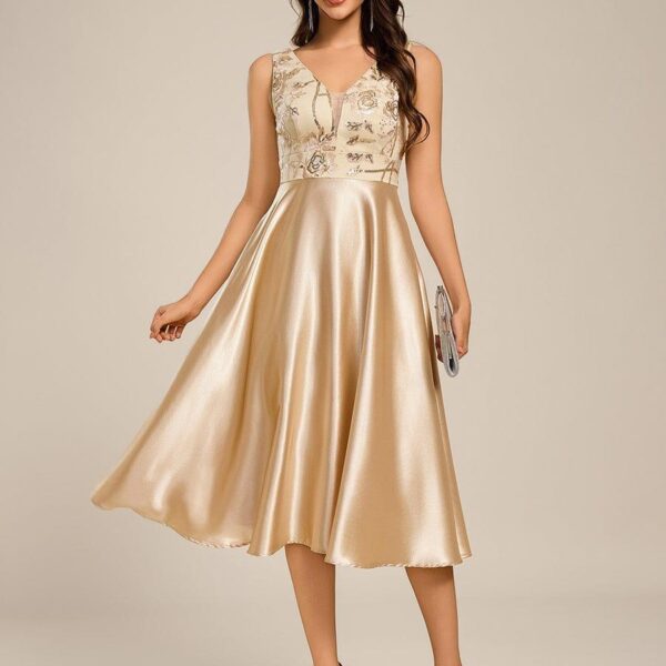Sleeveles A-Line Midi Satin Wedding Guest Dress with Pockets