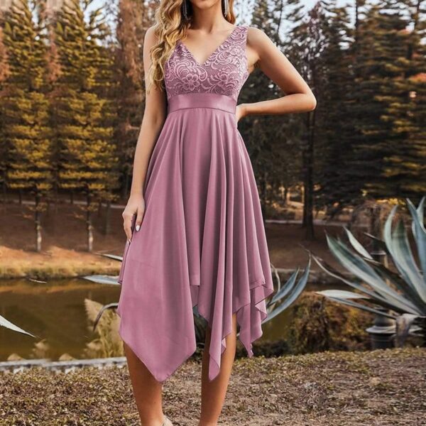 Stunning V Neck Lace Dress with Asymmetrical Hems