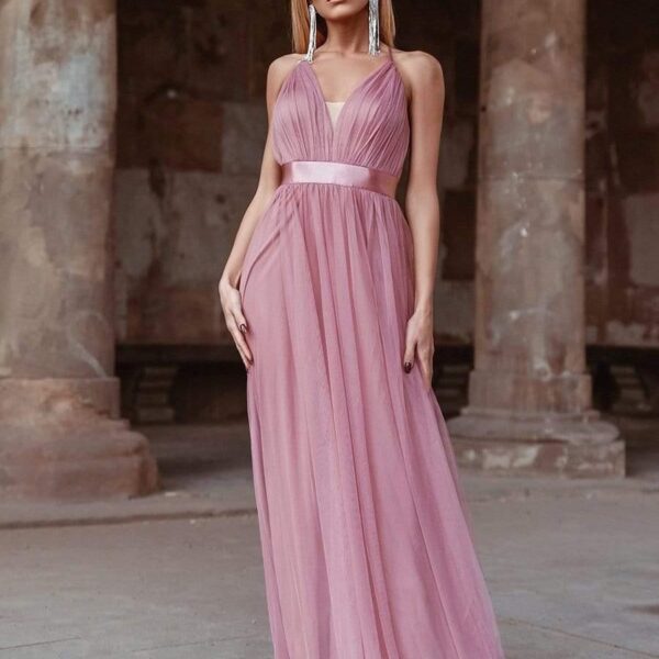 Sexy V-neck Open Back Pleated Maxi Tulle Evening Dresses