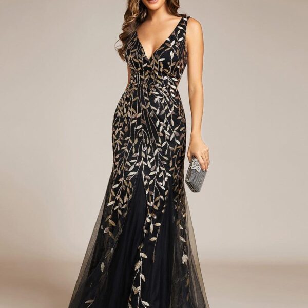 Women's Double V-Neck Fishtail Sequin Evening Dress