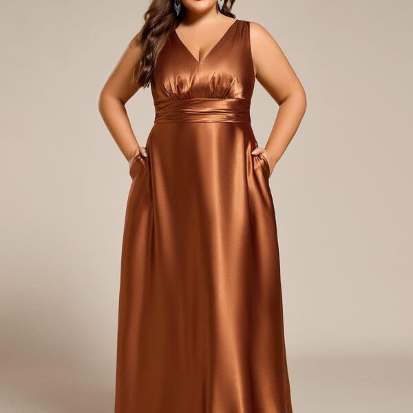 Plus Size Satin Empire Waist Maxi Bridesmaid Dress with Pockets