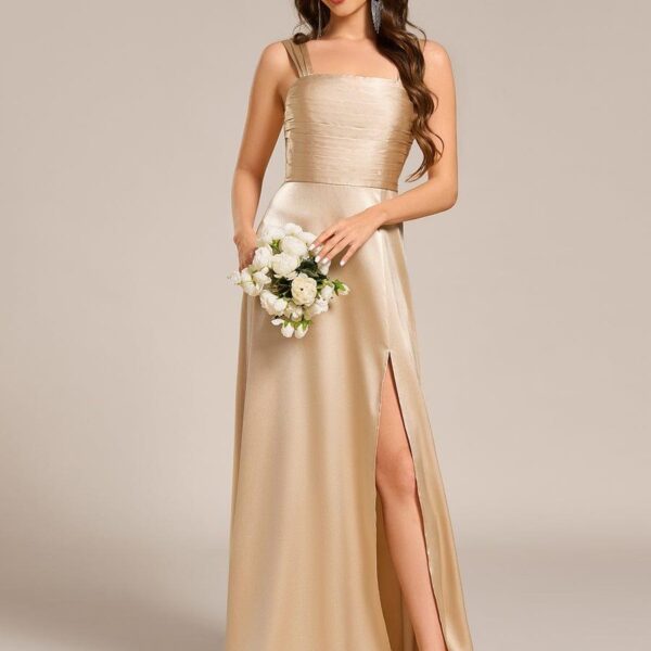 Square Neck Satin Maxi Bridesmaid Dress with Front Slit