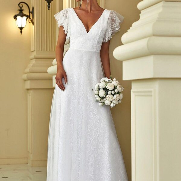 Elegant Maxi Lace Elopement Wedding Dress with Ruffle Sleeves